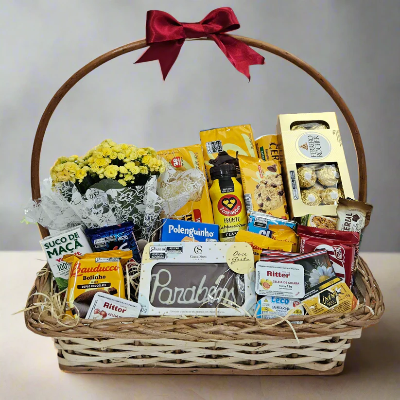 Cesta de Café da Manhã Parabéns com Flores - Imagem 2